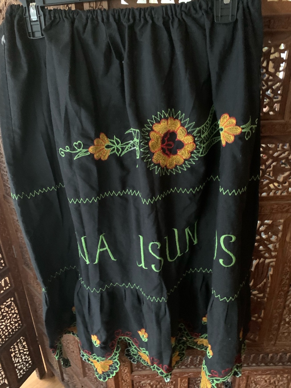 Black Floral Embroidered Midi Skirt - handmade with machine embroidery